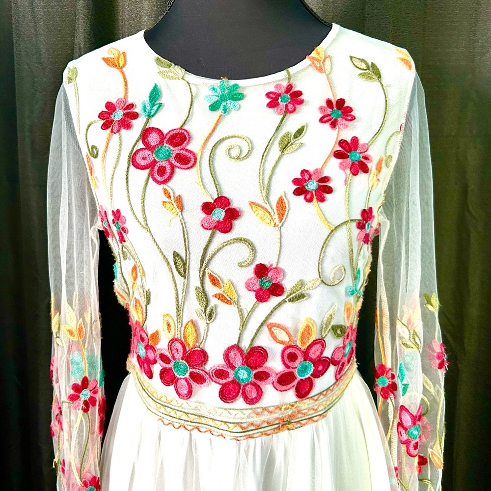 The Moon White, Multi Floral Embroidered Dress w/ Sheer Sleeves, Size S - Picture 2 of 8